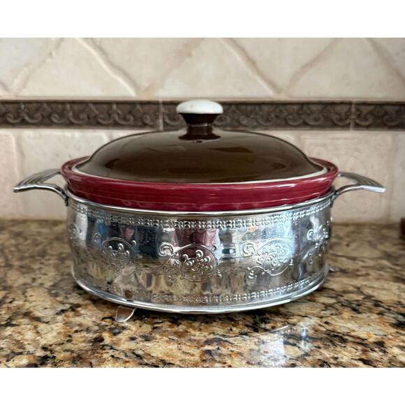 Other - Red Round Ceramic Casserole Baking Dish w/Lid In Stainless Steel w/Handles USA